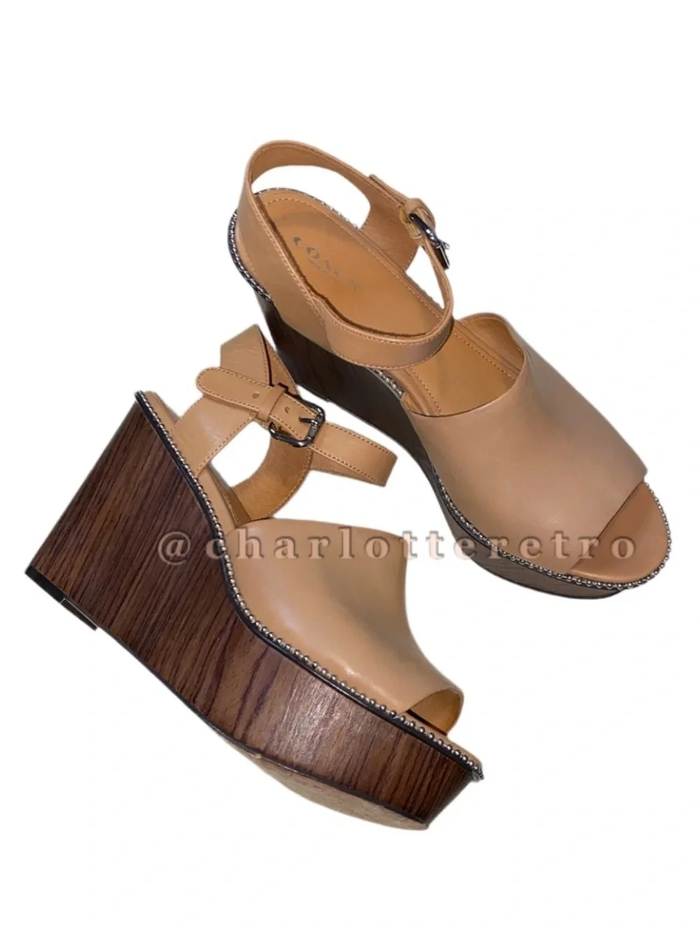 Coach • Harla Platform Wedge Leather Sandals w Beaded Trim